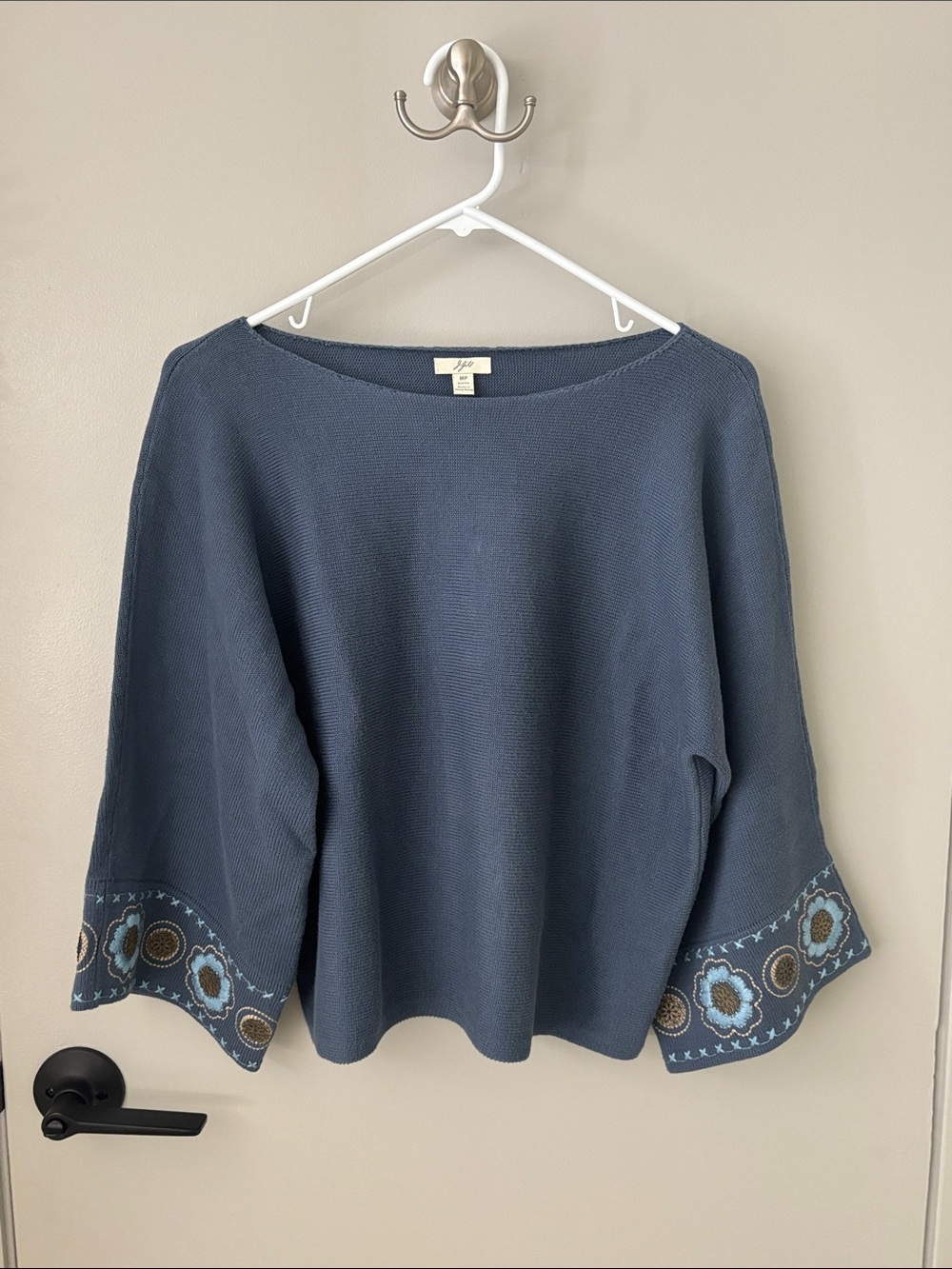J. Jill Navy Embroidered Bell-Sleeve Sweater